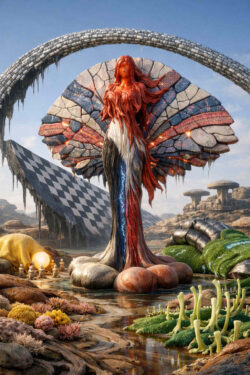 Eine aufrecht stehende, weibliche Figur erhebt sich aus einer surrealen Landschaft aus Wasser, Felsen und organischen Formen. Hinter ihr breitet sich eine fächerartige Struktur aus steinernen und farbigen Segmenten aus. Eine metallische Brücke oder Röhre spannt sich bogenförmig über die Szene. Die Figur wirkt wie eine symbolische Verkörperung von Transformation und Gleichgewicht.