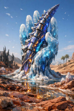 Eine riesige handförmige Struktur aus Eis, Stein und Metall ragt aus einer kargen Landschaft. Leuchtende Adern aus Energie durchziehen das Material. Wasser sammelt sich spiegelnd zu ihren Füßen. Die Darstellung wirkt monumental, kalt und zugleich von innerem Leben erfüllt.