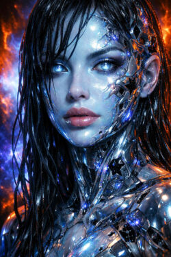 Ein hyperrealistisches Porträt zeigt ein weibliches Gesicht mit teilweise freigelegter kybernetischer Struktur. Die Haut schimmert metallisch und wird von kalten blauen sowie warmen orangefarbenen Lichtquellen umgeben. Die Augen wirken intensiv und fast übermenschlich fokussiert. Das Bild vermittelt eine fragile Balance zwischen Menschlichkeit und Maschine.