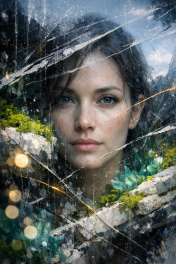 Ein ruhiges Gesicht erscheint hinter einer beschädigten, rissigen Glasschicht. Spiegelungen, Lichtpunkte und Gestein überlagern die Konturen. Vegetation wächst scheinbar in das Porträt hinein. Das Bild vermittelt Verletzlichkeit, Erinnerung und innere Distanz.