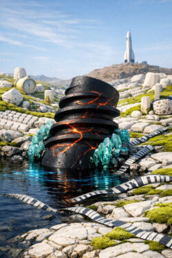 Ein dunkles, spiralig geformtes Objekt ragt aus einem stillen Gewässer. Glühende Risse durchziehen seine Oberfläche. Kristalle, Steine und technische Fragmente liegen verstreut in der Landschaft. Im Hintergrund steht eine Rakete wie ein fernes Versprechen.