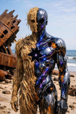 Eine humanoide Figur steht am Strand, halb aus Stroh und organischem Material, halb aus glänzender futuristischer Rüstung. Ein leuchtender Stern im Brustbereich verbindet beide Hälften visuell. Rostige Schiffswracks und Meer bilden den Hintergrund der hybriden Erscheinung. Das Bild thematisiert Dualität, Wandel und den Konflikt zwischen Natur und Technologie.