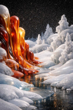 Eine fließende, orangefarbene Struktur aus glasartigem Material windet sich durch eine verschneite Winterlandschaft. Eis und Schnee formen weiche Hügel entlang eines dunklen Wasserlaufs. Der Himmel ist sternenklar und tiefschwarz. Der Kontrast zwischen Hitze und Kälte prägt die gesamte Szene. Das Bild wirkt zugleich fremdartig, ruhig und elementar.