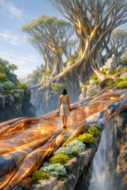 Eine Frau geht allein über einen schmalen, leuchtenden Weg, der sich über eine tiefe Schlucht spannt. Riesige Bäume mit metallisch-goldenen Adern wachsen aus den Felsen und rahmen die Szene ein. Pflanzen und Gestein wirken zugleich natürlich und künstlich durchzogen. Die Szene vermittelt Aufbruch, Unsicherheit und eine stille, mythische Hoffnung.