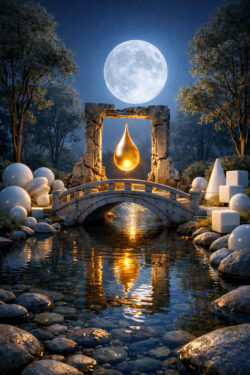 Ein leuchtender goldener Tropfen hängt unter einem steinernen Torbogen über einem ruhigen Wasserlauf. Der volle Mond steht exakt dahinter und spiegelt sich im Wasser. Weiße geometrische Formen und Kugeln rahmen die Szene wie ein symbolischer Garten. Die nächtliche Landschaft wirkt klar, ausgewogen und feierlich. Das Bild vermittelt Harmonie zwischen Natur, Geometrie und Licht.