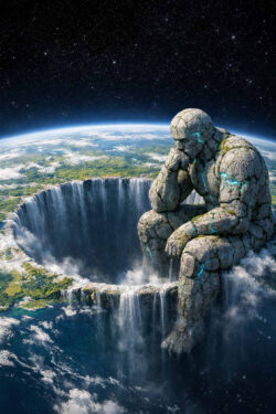 Eine riesige steinerne Figur sitzt nachdenklich am Rand eines kreisförmigen Abgrunds. Wasserfälle stürzen von der Erdkruste in die Tiefe des Lochs. Der Planet wölbt sich sichtbar unter einem sternklaren Himmel. Das Bild vermittelt existenzielle Einsamkeit und kosmische Fragilität.
