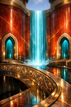 Ein mächtiger Wasserfall stürzt zwischen zwei rotgoldenen Mauern in einen spiegelnden Boden. Verzierte Brüstungen und symmetrische Türen verleihen dem Raum palastartige Strenge. Lichtreflexe tanzen auf Wasser und Metall. Die Szene wirkt monumental, ruhig und feierlich.