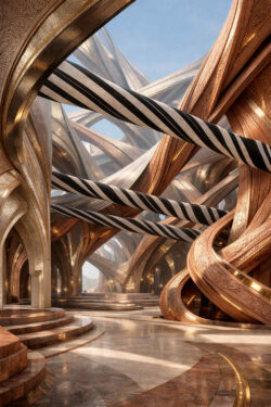 Geschwungene, ornamentierte Strukturen aus Metall und Stein überkreuzen sich im Raum. Schwarze und helle Streifen ziehen sich durch die Architektur. Licht reflektiert auf einem glatten Boden. Die Szene vermittelt Ordnung, Bewegung und räumliche Tiefe.