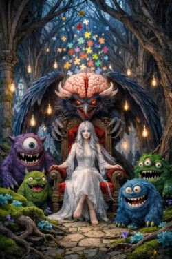 Eine junge Frau sitzt ruhig auf einem Thron, umgeben von bunten, monsterhaften Kreaturen. Hinter ihr erhebt sich ein geflügeltes Wesen mit freigelegtem Gehirn. Über dem Thron schweben bunte Puzzleteile als Symbol fragmentierter Gedanken. Trotz der bedrohlichen Figuren wirkt die Frau gelassen. Das Bild spielt mit Kontrolle, Psyche und innerem Chaos.