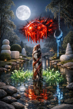 Ein organisch wirkendes, glühendes Objekt schwebt über einem nächtlichen Gewässer. Rote, flüssig anmutende Strukturen tropfen nach unten und spiegeln sich im Wasser. Umgebende Pflanzen und Steine leuchten schwach im Kontrast. Die Szene erzeugt Spannung zwischen Schönheit, Gefahr und Energie.