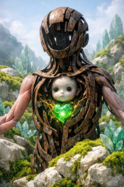 Eine große humanoide Figur trägt ein kindliches Wesen in ihrem Inneren. In der Brust leuchtet ein grünes kristallines Herz. Rostige Metallteile und organische Formen umschließen den Körper. Das Bild vermittelt Schutz, Verletzlichkeit und künstlich bewahrtes Leben.