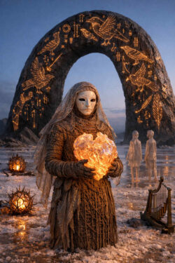 Hüterin des leuchtenden Herzens Alt-Text: Eine maskierte Gestalt hält ein glühendes, kristallines Herz in beiden Händen. Hinter ihr erhebt sich ein steinerner Torbogen mit leuchtenden Runen und Vogelsymbolen. Der Boden ist feucht und reflektiert warmes Licht. Schemenhafte Figuren im Hintergrund verstärken die rituelle, zeitlose Atmosphäre.