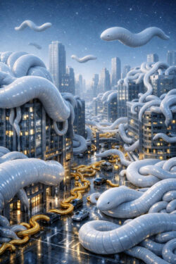 Eine moderne Stadt wird von riesigen, wurmartigen Wesen überflutet, die sich durch Straßen und um Gebäude winden. Die Szene spielt bei Nacht mit nassen Straßen und reflektierenden Lichtern. Kleine Autos und Menschen wirken winzig im Vergleich zu den Kreaturen. Einige Wesen schweben über der Skyline und verstärken das Gefühl völliger Kontrolle. Die Atmosphäre ist ruhig, aber zutiefst beunruhigend.