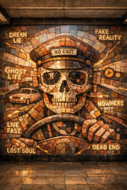 Ein großes Mosaik zeigt einen Totenkopf hinter einem Lenkrad. Über ihm steht das Schild „NO EXIT“. Umgeben ist er von Schlagworten wie „DREAM LIE“, „FAKE REALITY“, „GHOST LIFE“, „LIVE FAST“, „LOST SOUL“ und „DEAD END“. Risse durchziehen die Steinoberfläche, warmes Licht betont die einzelnen Begriffe. Das Bild wirkt wie eine visuelle Warnung vor einer existenziellen Sackgasse.