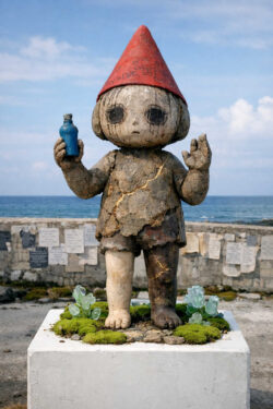 Eine kleine steinerne Kinderfigur mit roter Zipfelmütze steht auf einem Sockel vor dem Meer. In einer Hand hält sie eine blaue Flasche, die andere ist erhoben. Der Körper ist rissig und teilweise repariert. Pflanzen wachsen am Sockel, im Hintergrund sind Gedenktafeln zu sehen.