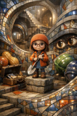 Eine kindliche Figur mit großer Brille und roter Mütze steht auf einem Steinsockel und hält eine kleine Schaufel. Um sie herum verlaufen gewundene Treppen und Wände aus buntem Mosaik. Kugeln und Objekte liegen wie Schätze im Raum verteilt. Die Augen in den Wänden verstärken den märchenhaft-surrealen Eindruck. Die Szene verbindet Abenteuer, Neugier und Fantasie.