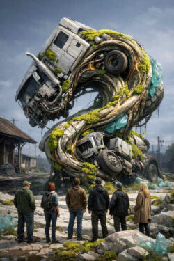 Mehrere Menschen stehen vor einer gigantischen, verschlungenen Struktur aus Lastwagen und Metall. Pflanzen, Moos und Kristalle überwuchern das technische Gebilde. Alte Bahngleise und verlassene Gebäude bilden den Hintergrund. Die Szene wirkt wie ein technischer Organismus. Staunen und Ohnmacht prägen die Haltung der Betrachter.