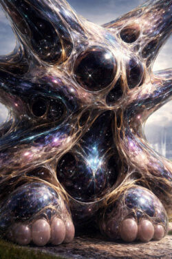 Eine abstrakte humanoide Form besteht aus durchscheinenden Schichten mit dunklen, kosmischen Einschlüssen. Lichtpunkte funkeln wie entfernte Galaxien im Inneren. Die Grenzen zwischen Körper und Raum scheinen aufgelöst. Das Motiv wirkt zugleich monumental und verletzlich.