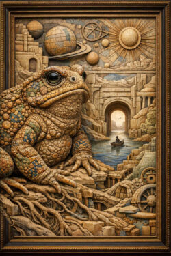 Eine große, detailliert ausgearbeitete Kröte sitzt in einer steinernen Welt voller architektonischer und astronomischer Symbole. Planeten, Zahnräder und antike Bauwerke verschmelzen zu einem reliefartigen Gesamtbild. Ein Fluss führt durch ein Tor in die Ferne. Naturwesen und kosmische Ordnung werden als gleichwertig dargestellt.