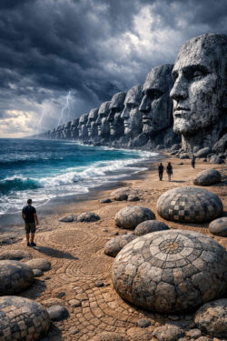 Eine Reihe monumentaler, in Felsen gehauener Köpfe zieht sich entlang einer stürmischen Küste. Menschen wandern zwischen kreisförmigen Steinstrukturen am Strand. Dunkle Wolken und Blitze verstärken die dramatische Stimmung. Zeit, Erinnerung und Vergänglichkeit scheinen im Gestein eingeschrieben.