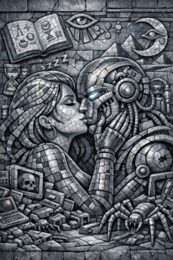 Eine Frau küsst einen kybernetischen Humanoiden in einer steinernen Mosaikdarstellung. Um sie herum erscheinen Symbole wie Augen, Bücher, Sanduhren und technische Fragmente. Der Stil erinnert an eine monumentale Wandarbeit. Menschliche Nähe trifft auf kalte Mechanik. Liebe und Technologie werden als unauflöslich verbunden gezeigt.