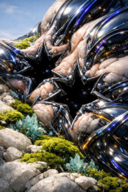 Eine futuristische, organisch-technische Struktur öffnet sich wie eine Blume in felsiger Landschaft. Metallische Elemente und fleischartige Texturen verschmelzen zu einer surrealen Form. Leuchtende Linien und Kabel erzeugen den Eindruck pulsierender Energie. Moos, Steine und Kristalle kontrastieren die künstliche Erscheinung. Das Bild wirkt zugleich fremdartig, lebendig und bedrohlich.