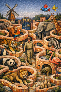 Ein Zoo ist als verschlungenes Labyrinth aus Steinwegen dargestellt. Verschiedene Tiere befinden sich jeweils in eigenen, offenen Bereichen. Ein Wärter geht mit einer Taschenlampe durch die Anlage. Die Szene ist in einem mosaikartigen Illustrationsstil gehalten. Ordnung, Kontrolle und spielerische Komplexität stehen im Mittelpunkt.