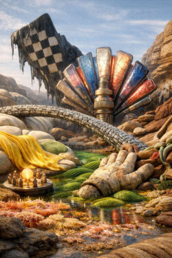 Eine monumentale Hand aus Stein liegt ausgestreckt in einer farbenreichen Landschaft. Ein schlangenartiger Steg verbindet verschiedene Ebenen aus Felsen, Wasser und Moos. Im Hintergrund ragt eine fächerförmige Struktur mit farbigen Segmenten empor. Kleine Figuren um eine leuchtende Kugel verstärken den Eindruck eines stillen Ritualortes.