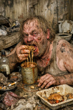 Ein verwahrloster Mann sitzt in einem schmutzigen Raum und isst hastig aus einer Konservendose. Sein Gesicht und Körper sind gezeichnet von Schmutz, Verletzungen und Erschöpfung. Um ihn herum liegen Müll, Essensreste und eine leere Flasche. Ein kleines Tier sitzt in der Nähe und verstärkt die trostlose Stimmung. Das Bild zeigt schonungslos menschlichen Abstieg und Verwahrlosung.