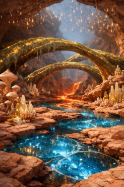 Eine kleine, kindliche Figur aus dunklem Stein steht einer großen spiralförmigen Steinskulptur gegenüber. Beide befinden sich in einer felsigen Landschaft. Feine goldene Linien leuchten im Boden zwischen ihnen. Die Szene vermittelt Neugier, Unsicherheit und stilles Staunen.