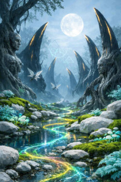 Ein schmaler Bach zieht sich durch einen geheimnisvollen Wald aus steinernen, halb organischen Formationen. Leuchtende, regenbogenfarbene Linien fließen wie Energie durch das Wasser. Skulpturenhafte Baumwesen und sichelförmige Felsen rahmen den Weg. Der Vollmond erhellt die Szene und verleiht ihr eine mythische, rituelle Stimmung.