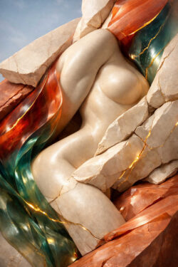 Ein weiblicher Körper scheint aus farbigem Stein und Marmor herauszuwachsen. Glatte Hautflächen gehen nahtlos in gebrochene Felsstrukturen über. Warme Goldadern durchziehen das Gestein. Die Komposition wirkt zugleich sinnlich, monumental und geologisch unmöglich.