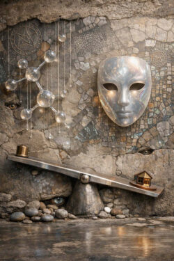 Eine steinerne Wand zeigt eine schwebende, durchscheinende Maske mit ruhigem Gesichtsausdruck. Daneben hängt eine molekülartige Struktur aus Glas. Im unteren Bereich balanciert eine Waage mit Steinen auf der einen und einem kleinen Haus auf der anderen Seite. Mehrere Augen sind in die Wand eingelassen und scheinen zu beobachten. Das Bild thematisiert Erkenntnis, Maß und verborgene Beobachtung.