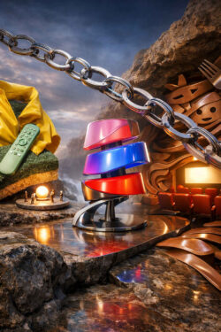 Eine surreale Komposition aus Ketten, Sesseln und technischen Objekten füllt den Raum. Ein Sessel ist mit bunten, glänzenden Elementen verbunden, darüber spannt sich eine schwere Metallkette. Links liegt eine Fernbedienung auf einer weichen, künstlich wirkenden Oberfläche. Die Szene erinnert an eine abstrakte Darstellung von Kontrolle, Komfort und Abhängigkeit.