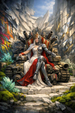 Eine Frau sitzt thronend auf einem gepanzerten, militärischen Fahrzeug. Ihr Körper ist halb menschlich, halb mechanisch, mit Rüstung und Krone. Zerfallene Mauern und Graffiti bilden den Hintergrund. Kristalle und Pflanzen wachsen zwischen den Trümmern. Das Bild verbindet Macht, Verletzlichkeit und postapokalyptische Ästhetik.