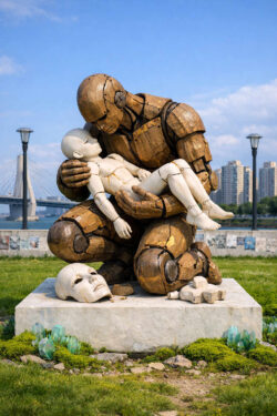 Eine große hölzerne Roboterfigur kniet und hält eine kleinere, helle Puppe im Arm. Abgelegte Masken und Körperteile liegen am Sockel und verstärken das Motiv von Verlust und Zerfall. Die Szene erinnert an klassische Pietà-Darstellungen, übersetzt in eine technologische Bildsprache. Menschlichkeit, Maschine und Trauer verschmelzen zu einer stillen Allegorie.