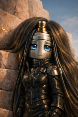 Eine humanoide Androidin mit metallischem Gesicht und großen blauen Augen steht vor einer felsigen Landschaft. Schwarze, kabelartige Haarsträhnen umrahmen ihren Kopf und verbinden organische und technische Elemente. Die Lederkleidung wirkt funktional und kampfbereit. Licht und Texturen betonen den Kontrast zwischen Maschine und Menschlichkeit.