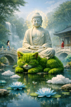 Eine Buddha-Statue sitzt in tiefer Meditation auf einem riesigen, schlafenden, grünen Katze. Umgeben ist die Szene von Wasser, Lotusblüten und zarter Lichtmagie. Menschen stehen still auf Brücken im Hintergrund und beobachten ehrfürchtig. Natur, Spiritualität und Fantasie greifen ineinander. Das Bild vermittelt Frieden, Balance und humorvolle Transzendenz.