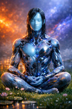 Eine androgyne, kybernetische Gestalt sitzt im Lotussitz auf einer Wiese mit kleinen Blumen. Der Körper wirkt metallisch und ist von feinen Lichtpunkten durchzogen. Im Hintergrund treffen warme, feurige Farben auf kühle, kosmische Blautöne. Die Szene strahlt Ruhe, Konzentration und transzendente Balance aus.