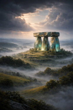 Ein monumentaler, steinerner Torbau erhebt sich auf einem Hügel über einer nebelverhangenen Landschaft. Gedämpftes Licht bricht durch schwere Wolken und taucht die Szene in mystische Farben. Wälder, Hügel und ferne Ruinen verstärken den Eindruck archaischer Zeitlosigkeit. Die Darstellung wirkt wie ein vergessener Kultort zwischen Mythos und Traum.