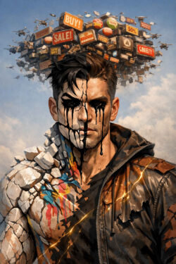 Ein Mann steht frontal, sein Gesicht halb von schwarzer Farbe überzogen. Über seinem Kopf schwebt ein chaotischer Schwarm aus Werbeschildern und Kaufbotschaften. Risse und Farbsplitter ziehen sich durch seinen Körper. Der Himmel ist klar, aber die Szene wirkt innerlich zerrissen. Das Bild kritisiert Konsumdruck und Identitätsverlust.