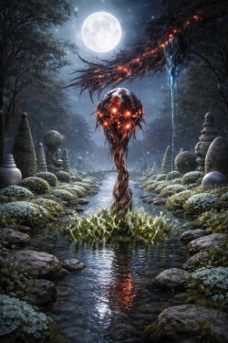 Eine wurzelartige, leuchtende Struktur erhebt sich aus einem stillen Wasserlauf in einem nächtlichen Garten. Der Vollmond beleuchtet Bäume, Steine und spiegelnde Wasserflächen. Glühende Punkte im Gebilde wirken wie Augen oder Energiezentren. Die Szene vermittelt ruhige Bedrohung und geheimnisvolles Erwachen.