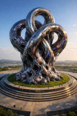 Eine riesige, skulpturale Struktur aus verdrehten, röhrenartigen Formen erhebt sich auf einem kreisförmigen Platz. Die Oberfläche wirkt zugleich metallisch, organisch und kosmisch durchzogen. Kleine Menschen im Umfeld verdeutlichen die monumentale Dimension. Das Objekt erscheint wie ein Denkmal einer fremden, übermenschlichen Intelligenz.