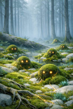 Kleine, moosbedeckte Kreaturen mit leuchtenden Augen sitzen zwischen Steinen und Wurzeln. Feiner Nebel liegt zwischen hohen Baumstämmen und dämpft die Farben der Landschaft. Zarte Lichtadern verbinden die Wesen untereinander. Die Szene wirkt ruhig, verspielt und zugleich leicht unheimlich.