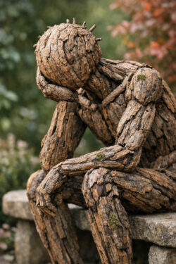 Eine menschenähnliche Figur aus grober Baumrinde sitzt zusammengesunken auf einer Steinbank. Der Kopf ruht schwer auf der Hand, der Körper wirkt erschöpft und verwittert. Moos und natürliche Texturen überziehen die Oberfläche. Das Bild vermittelt Melancholie, Alter und stilles Verharren.