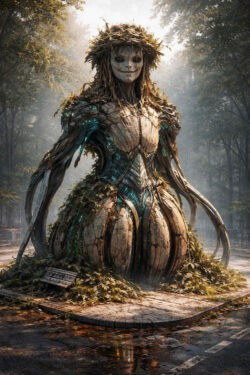 Eine weiblich anmutende Gestalt aus Holz, Blättern und organischen Strukturen steht auf einem steinernen Podest. Ihr Körper scheint lebendig und gleichzeitig statuarisch. Die Umgebung wirkt wie ein stillgelegter Park oder ein überwucherter urbaner Raum. Natur übernimmt die Rolle des Denkmals. Das Bild vermittelt stille Macht und zyklische Erneuerung.