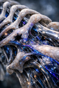 Eine detailreiche Nahaufnahme zeigt organisch wirkende Strukturen, die sich um glänzendes Metall legen. Blaue und violette Lichtadern verlaufen wie elektrische Impulse. Die Texturen erinnern an Knochen, Sehnen und Schaltkreise zugleich. Das Bild vermittelt eine hochkonzentrierte, innere Dynamik.