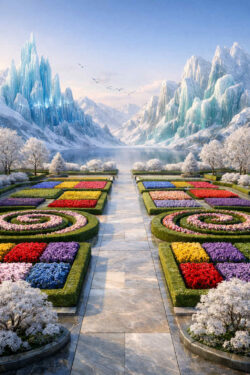 Ein symmetrischer Garten mit geometrisch angelegten Blumenbeeten erstreckt sich bis zu einem See. Die Beete sind in kräftigen Farben angeordnet und von Hecken eingefasst. Dahinter erheben sich eisige, blau schimmernde Berge. Vögel fliegen über die Landschaft unter klarem Himmel. Das Bild vermittelt Harmonie, Struktur und künstliche Perfektion.