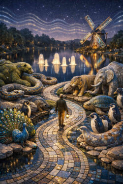 Ein Mann mit einer Laterne geht über einen geschwungenen Mosaikpfad am Ufer eines ruhigen Sees. Rund um ihn sitzen mosaikartige Tierfiguren wie Elefanten, Pinguine, Schlangen und Vögel. Im Hintergrund spiegeln sich Windmühle, Lichter und ein sternklarer Himmel im Wasser. Die Szene wirkt wie eine nächtliche, friedliche Zusammenkunft jenseits von Zeit und Realität.