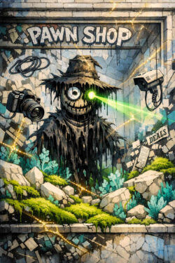 Eine düstere, gemalte Gestalt mit Hut steht vor der Fassade eines Pawn Shops. Kameras und technische Geräte richten ihre Aufmerksamkeit auf die Figur. Ein grüner Laserstrahl geht von einem Auge aus und durchschneidet den Raum. Die Szene thematisiert Kontrolle, Handel und permanente Beobachtung.